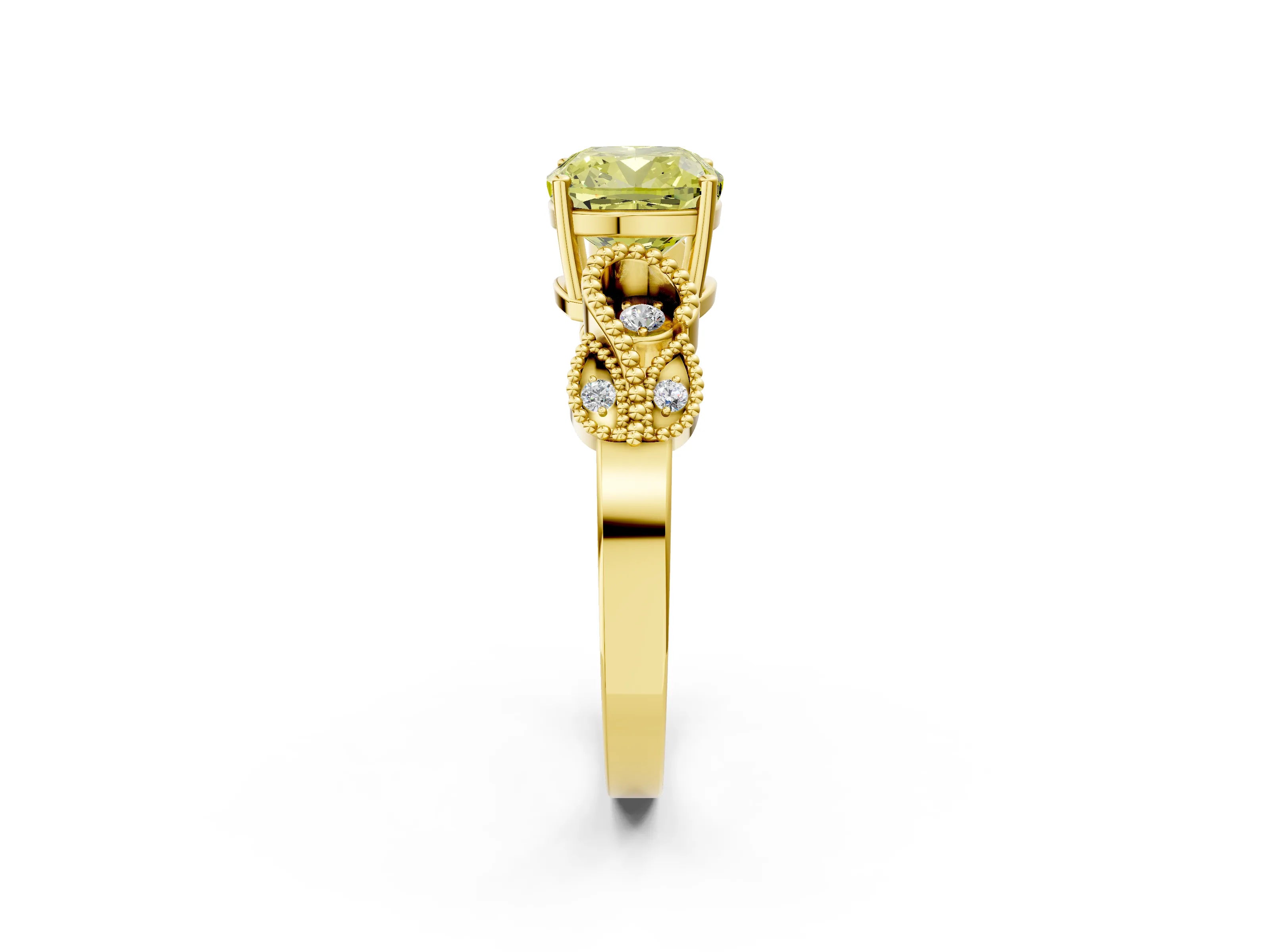 Yellow gold Fancy Yellow Cushion Cut Solitaire Milgrain Leaf Band with Prong Setting_2