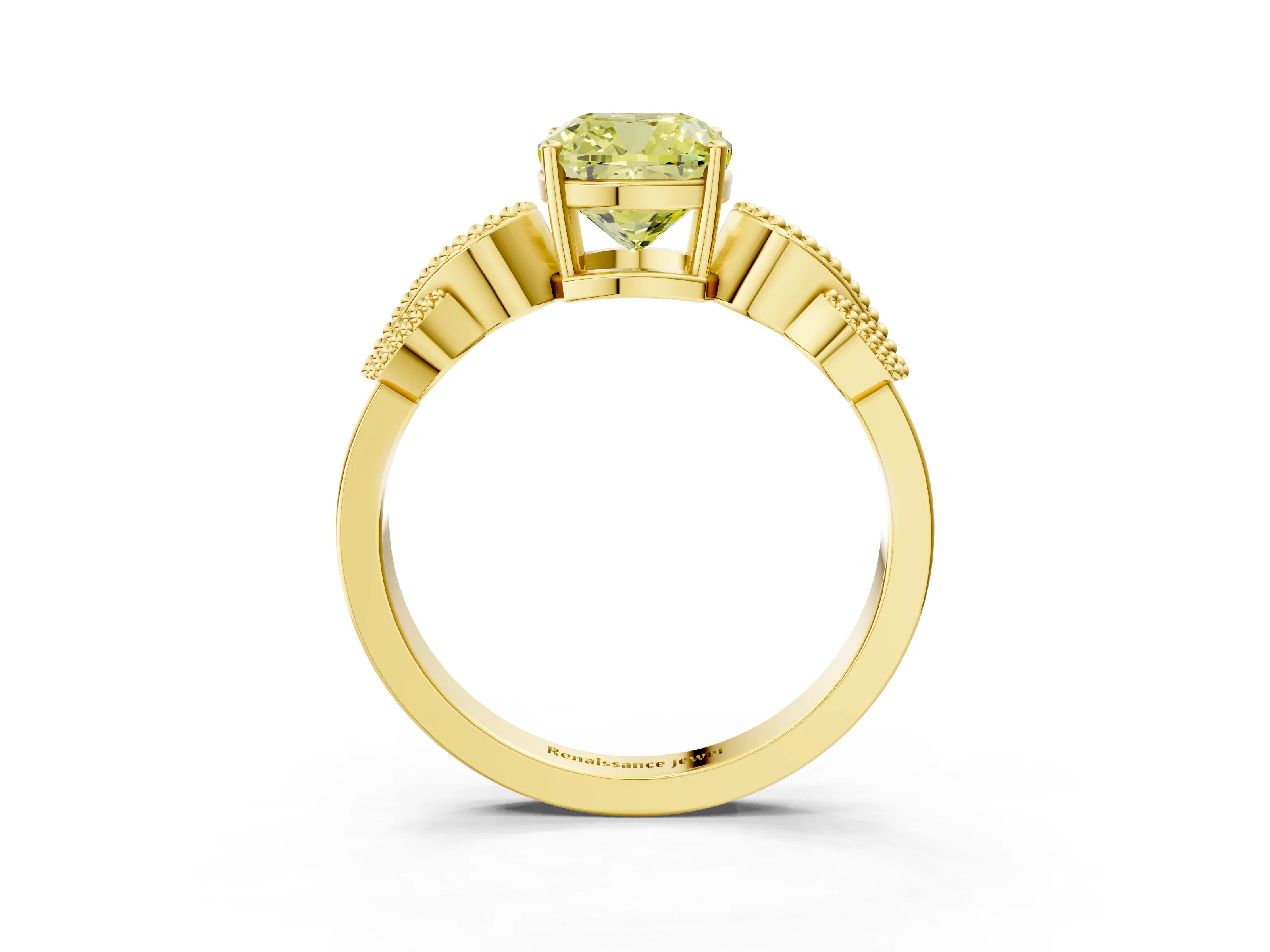 Yellow gold Fancy Yellow Cushion Cut Solitaire Milgrain Leaf Band with Prong Setting_3