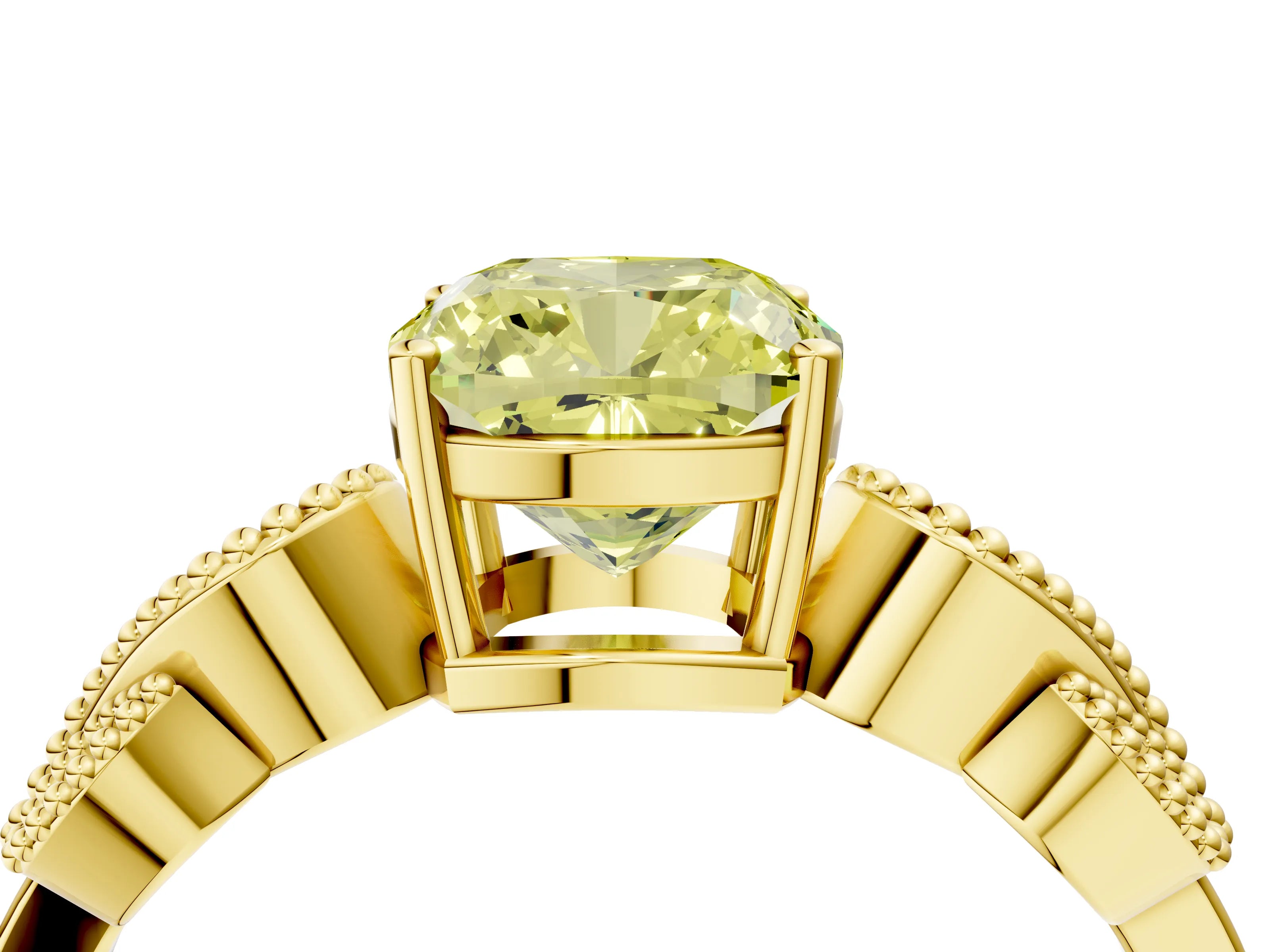 Yellow gold Fancy Yellow Cushion Cut Solitaire Milgrain Leaf Band with Prong Setting_4