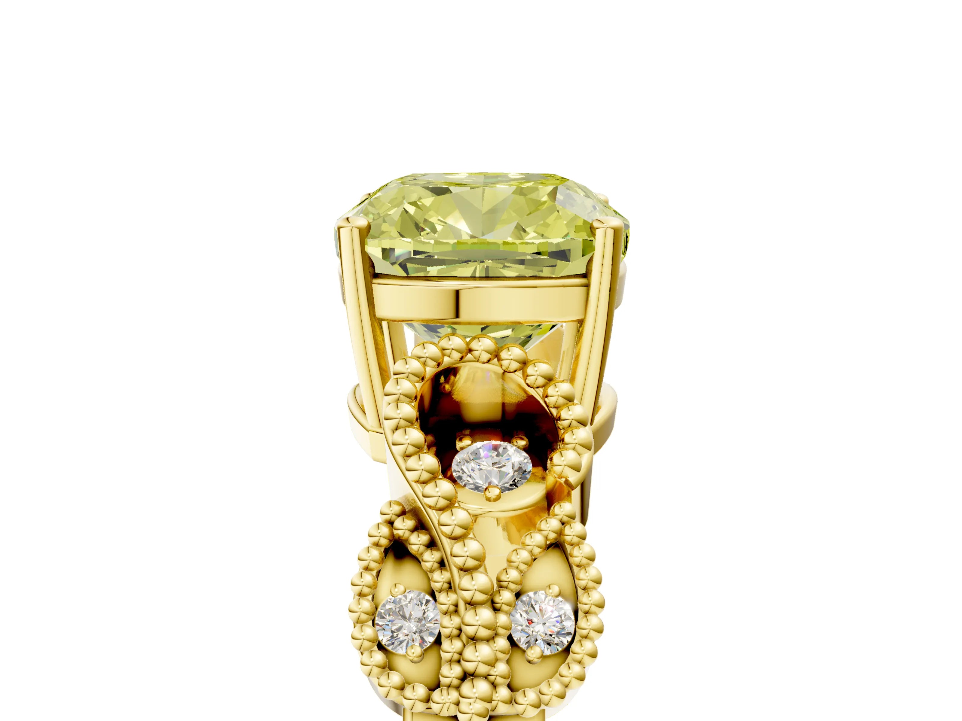 Yellow gold Fancy Yellow Cushion Cut Solitaire Milgrain Leaf Band with Prong Setting_5