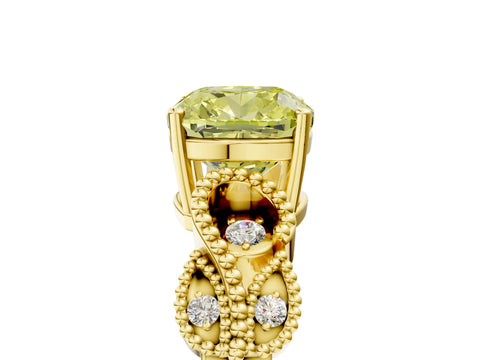 Yellow gold Fancy Yellow Cushion Cut Solitaire Milgrain Leaf Band with Prong Setting_5