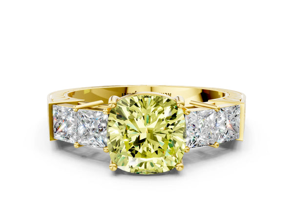 Yellow gold Fancy Yellow Cushion Cut Solitaire Princess Side Stone Engraved Band Prong Setting Ring