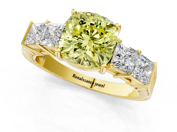 Yellow gold Fancy Yellow Cushion Cut Solitaire Princess Side Stone Engraved Band Prong Setting Ring