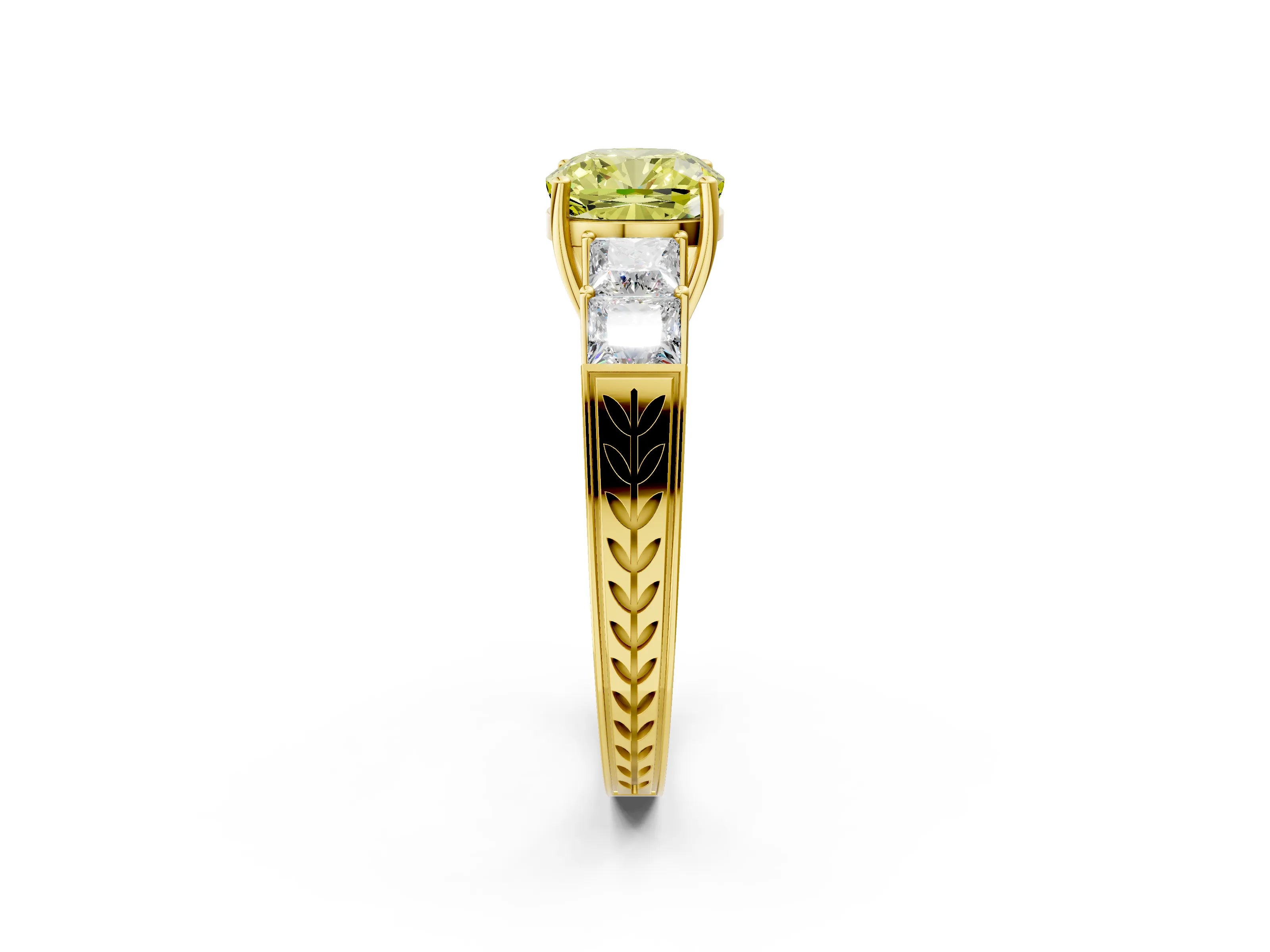 Yellow gold Fancy Yellow Cushion Cut Solitaire Princess Side Stone Engraved Band Prong Setting Ring_2