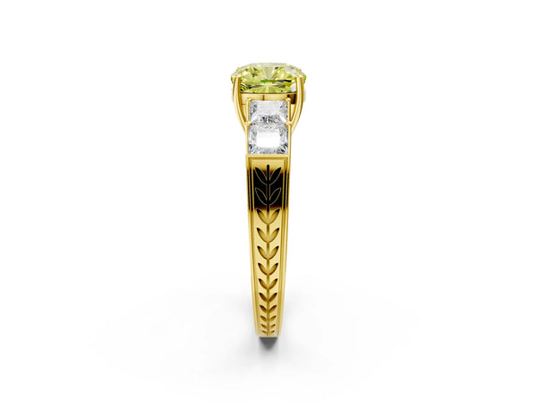 Yellow gold Fancy Yellow Cushion Cut Solitaire Princess Side Stone Engraved Band Prong Setting Ring
