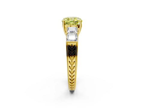 Yellow gold Fancy Yellow Cushion Cut Solitaire Princess Side Stone Engraved Band Prong Setting Ring_2