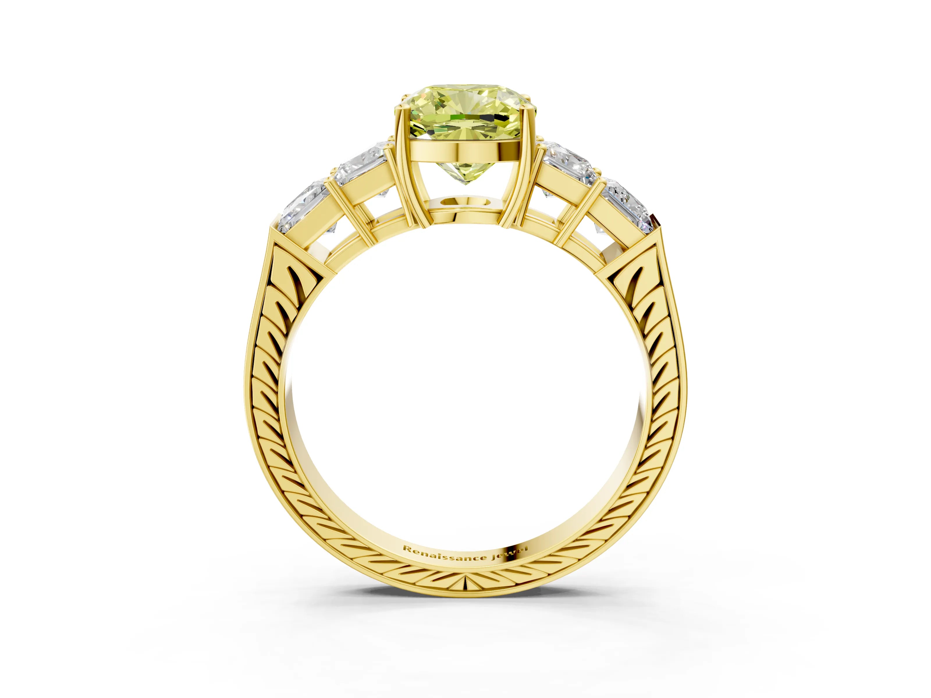 Yellow gold Fancy Yellow Cushion Cut Solitaire Princess Side Stone Engraved Band Prong Setting Ring_3