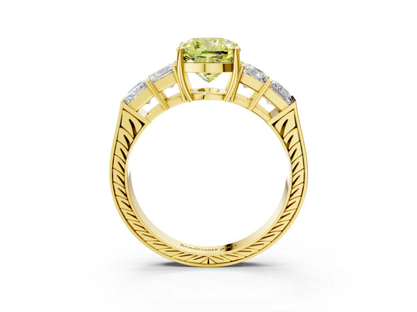 Yellow gold Fancy Yellow Cushion Cut Solitaire Princess Side Stone Engraved Band Prong Setting Ring