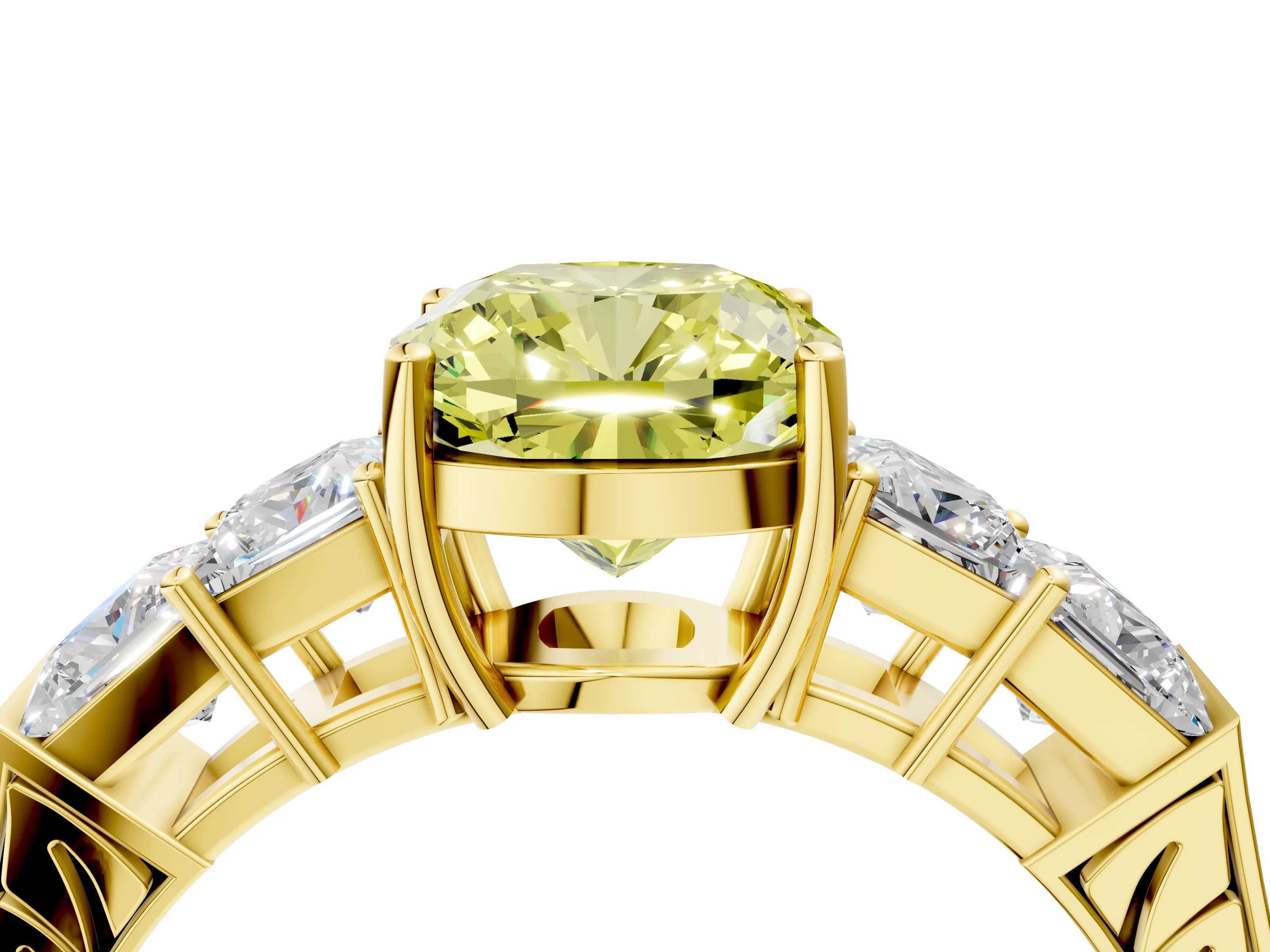 Yellow gold Fancy Yellow Cushion Cut Solitaire Princess Side Stone Engraved Band Prong Setting Ring_4