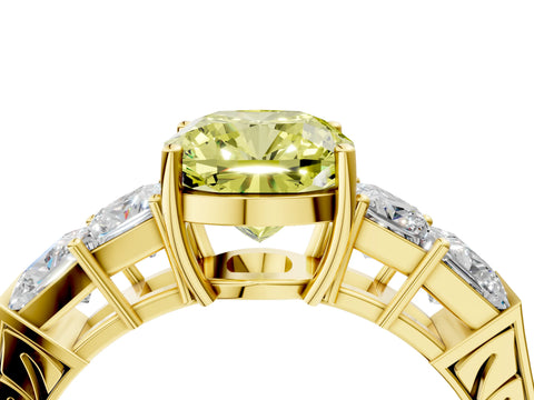 Yellow gold Fancy Yellow Cushion Cut Solitaire Princess Side Stone Engraved Band Prong Setting Ring_4