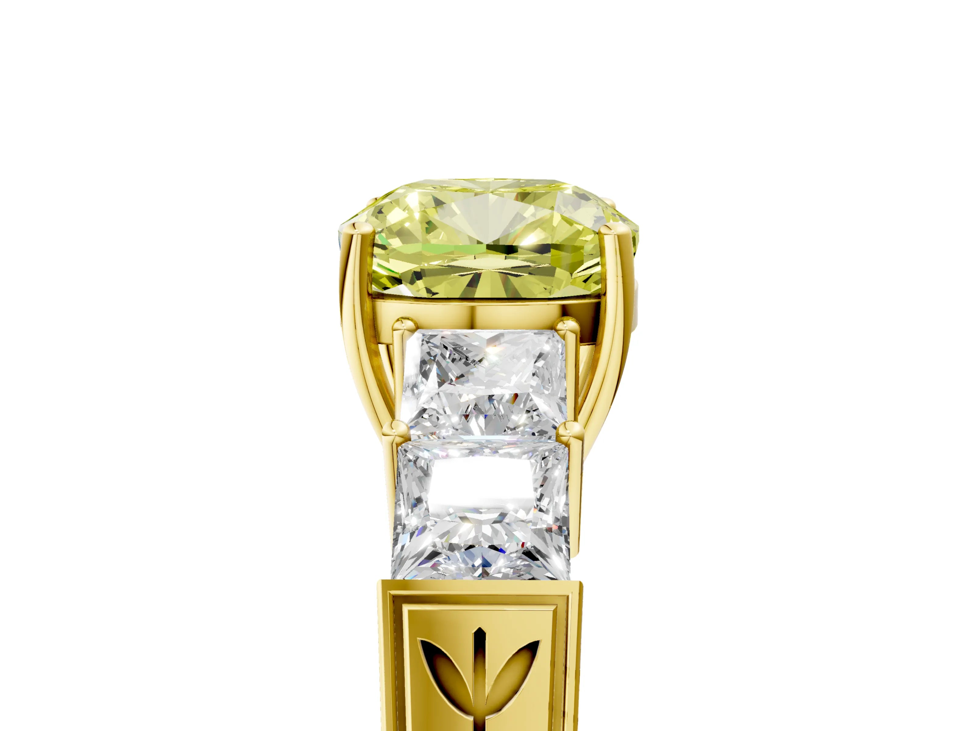 Yellow gold Fancy Yellow Cushion Cut Solitaire Princess Side Stone Engraved Band Prong Setting Ring_5