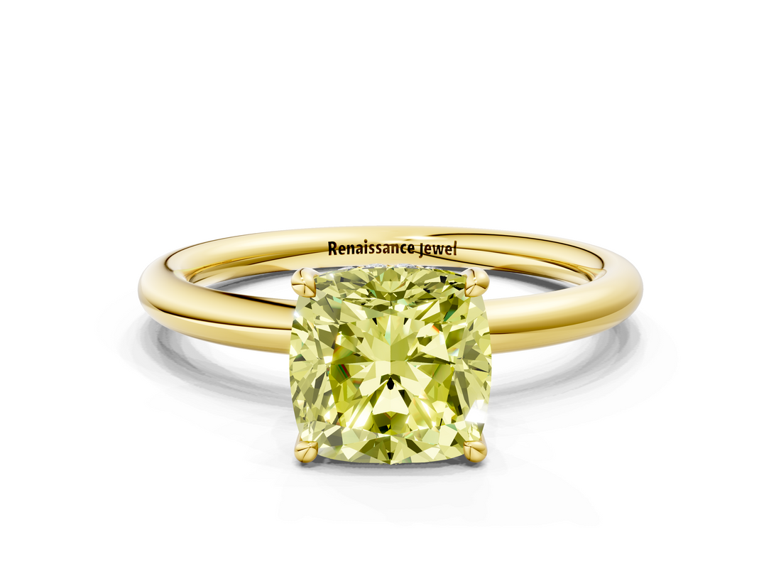 Yellow gold Fancy Yellow Cushion  Cut Solitaire Ring with Thin Band and Four-Prong Setting_16