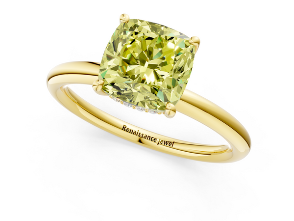 Yellow gold Fancy Yellow Cushion Cut Diamond Solitaire Ring with Thin Band and Four-Prong Setting