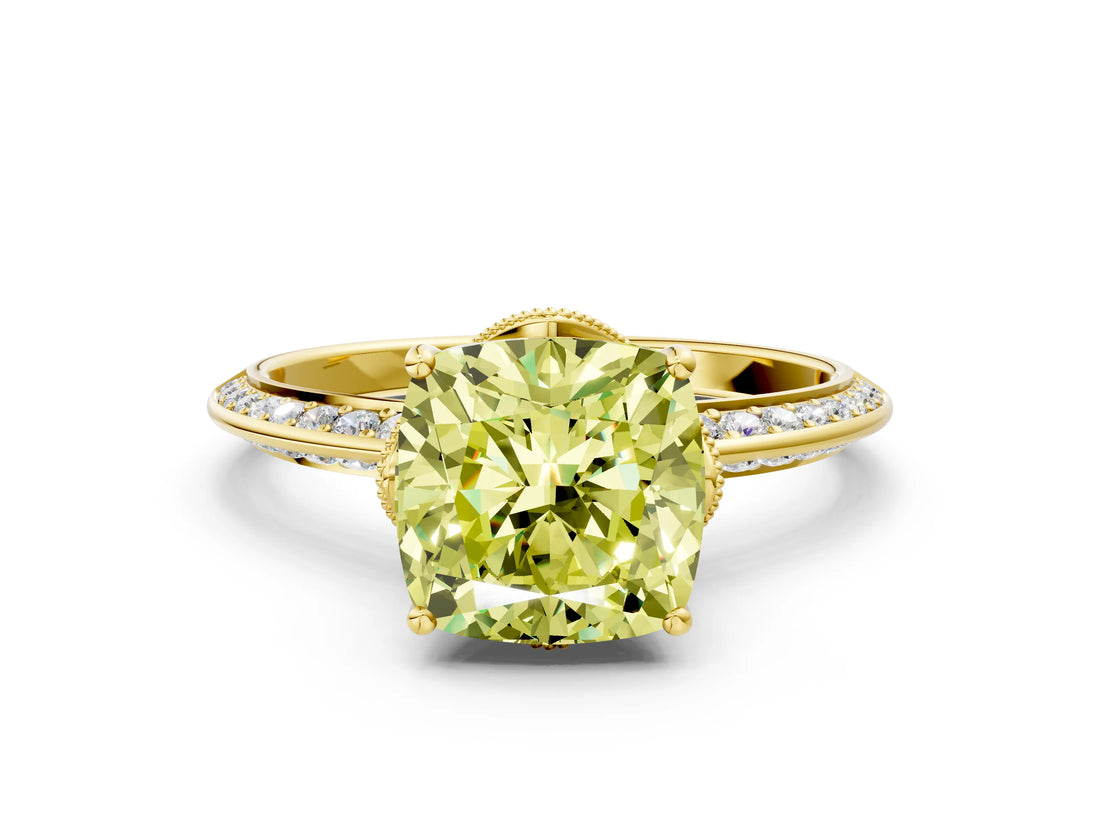 Yellow gold Fancy Yellow Cushion Cut Solitaire Split Shank Pave Diamond Engagement Ring with Four-Prong Setting_24