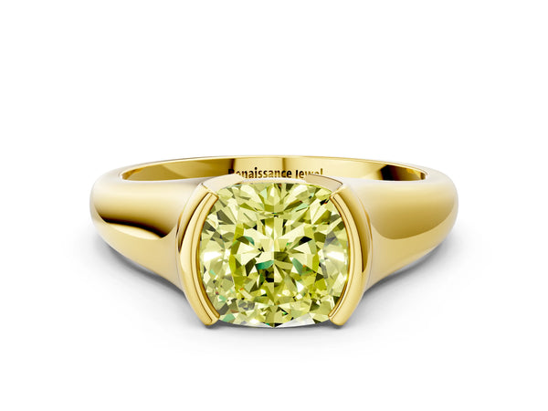 Yellow gold Fancy Yellow Cushion Cut Solitaire Tension Set Diamond Ring with Split Shank Band