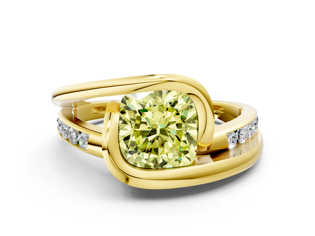 Yellow gold Fancy Yellow Cushion Cut Solitaire Tension-Set Diamond Split Shank Ring