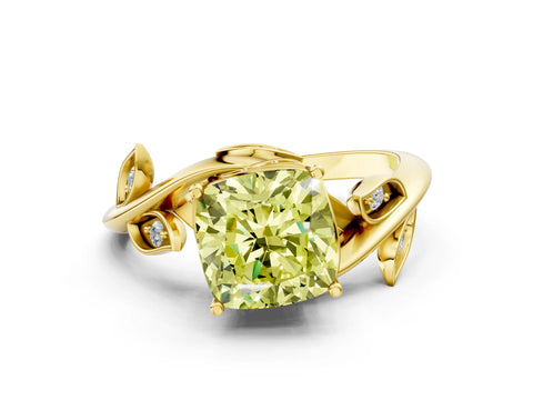 Yellow gold Fancy Yellow Cushion Cut Solitaire Twist Engagement Ring with Leaf Accents and Prong Setting_12