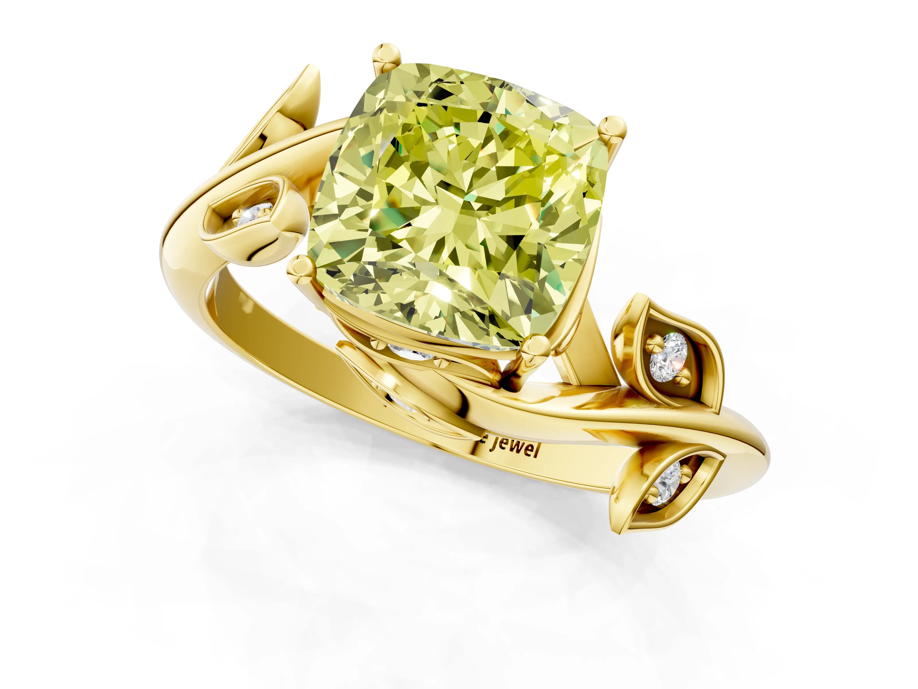 Yellow gold Fancy Yellow Cushion Cut Solitaire Twist Engagement Ring with Leaf Accents and Prong Setting_13
