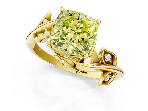 Yellow gold Fancy Yellow Cushion Cut Solitaire Twist Engagement Ring with Leaf Accents and Prong Setting_13