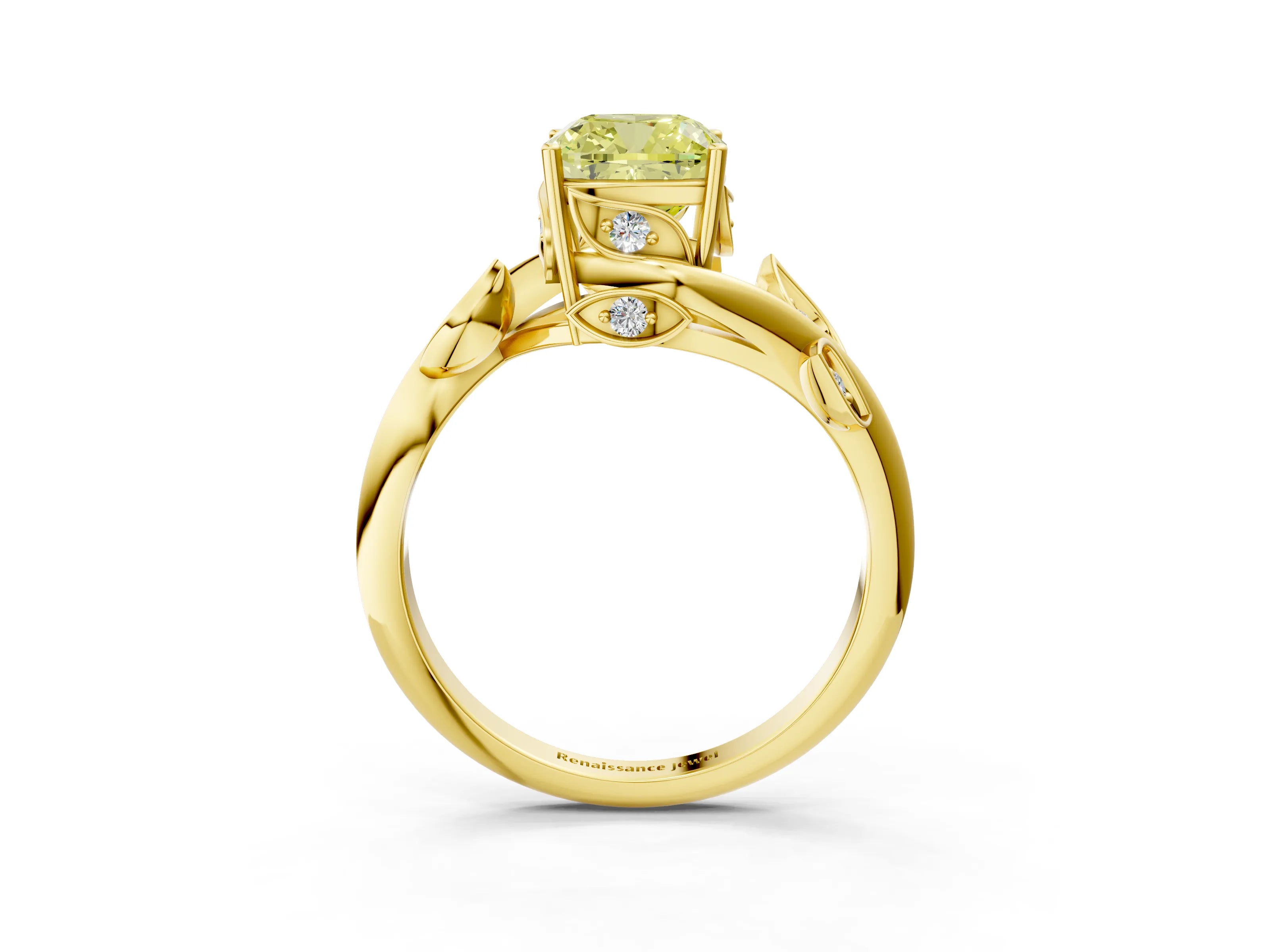 Yellow gold Fancy Yellow Cushion Cut Solitaire Twist Engagement Ring with Leaf Accents and Prong Setting_15