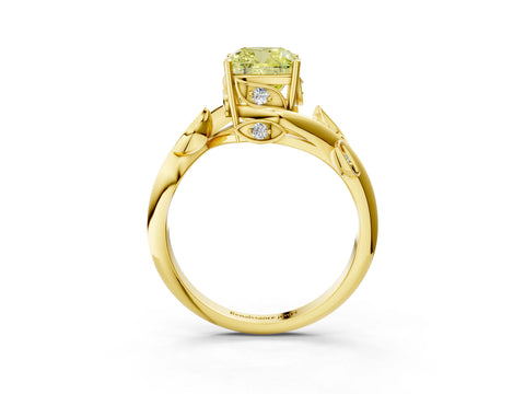 Yellow gold Fancy Yellow Cushion Cut Solitaire Twist Engagement Ring with Leaf Accents and Prong Setting_15