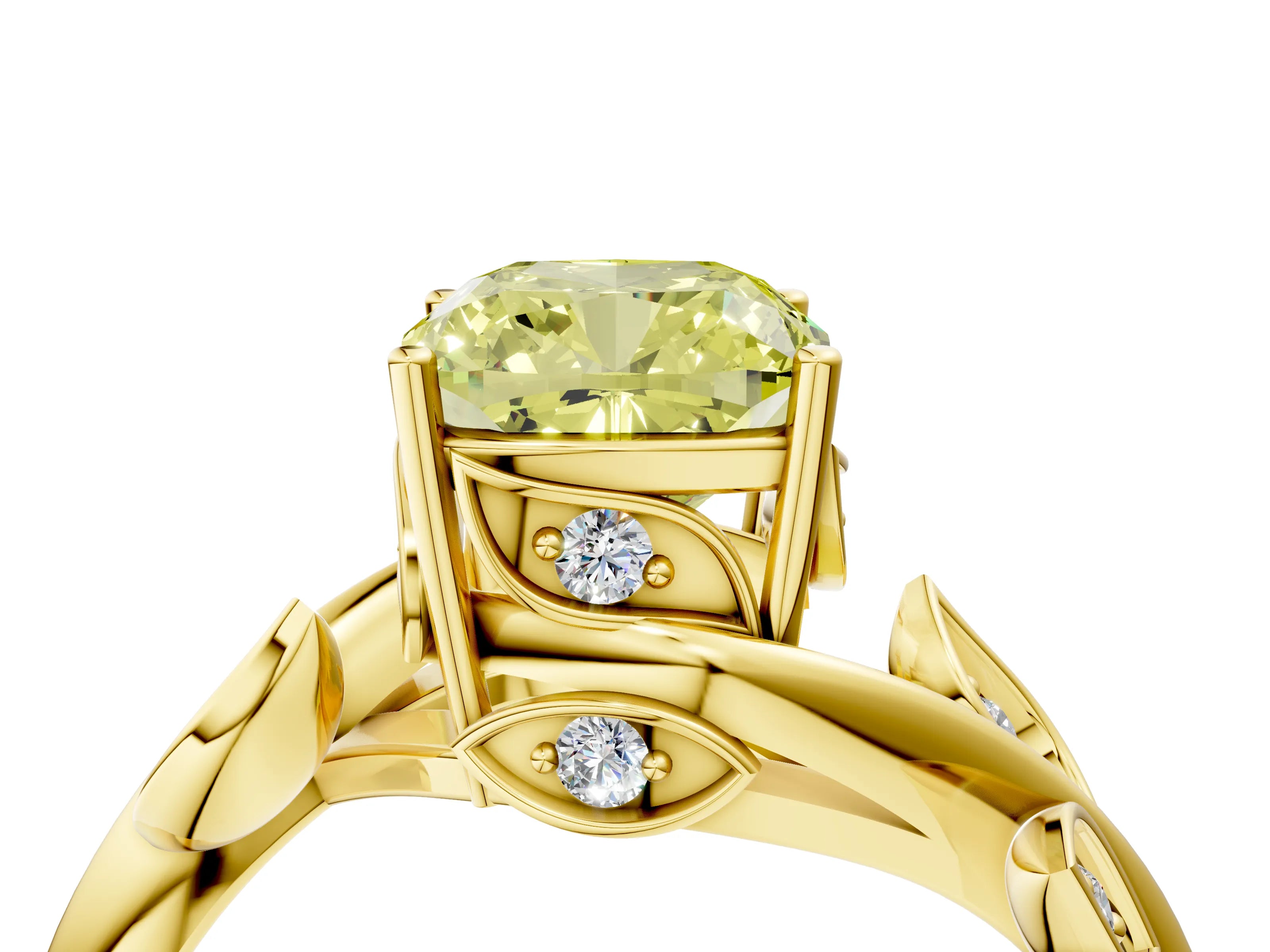 Yellow gold Fancy Yellow Cushion Cut Solitaire Twist Engagement Ring with Leaf Accents and Prong Setting_16