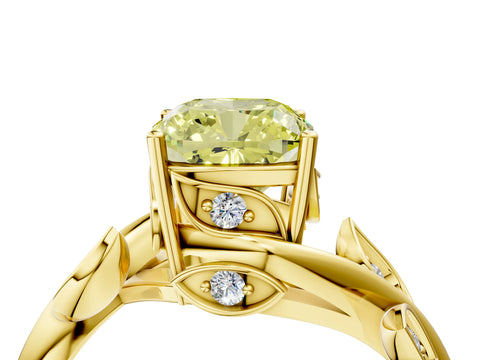 Yellow gold Fancy Yellow Cushion Cut Solitaire Twist Engagement Ring with Leaf Accents and Prong Setting_16