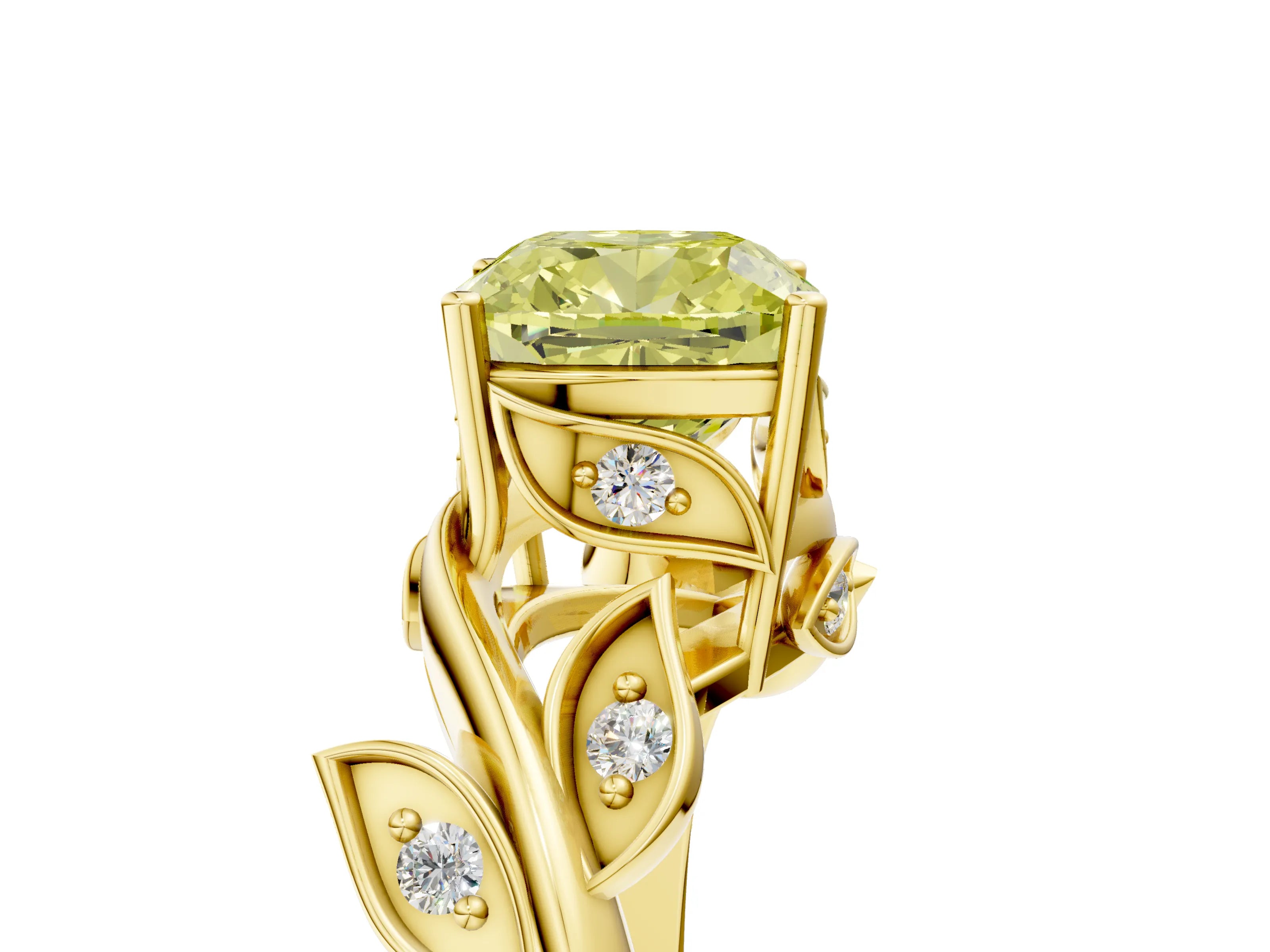 Yellow gold Fancy Yellow Cushion Cut Solitaire Twist Engagement Ring with Leaf Accents and Prong Setting_17
