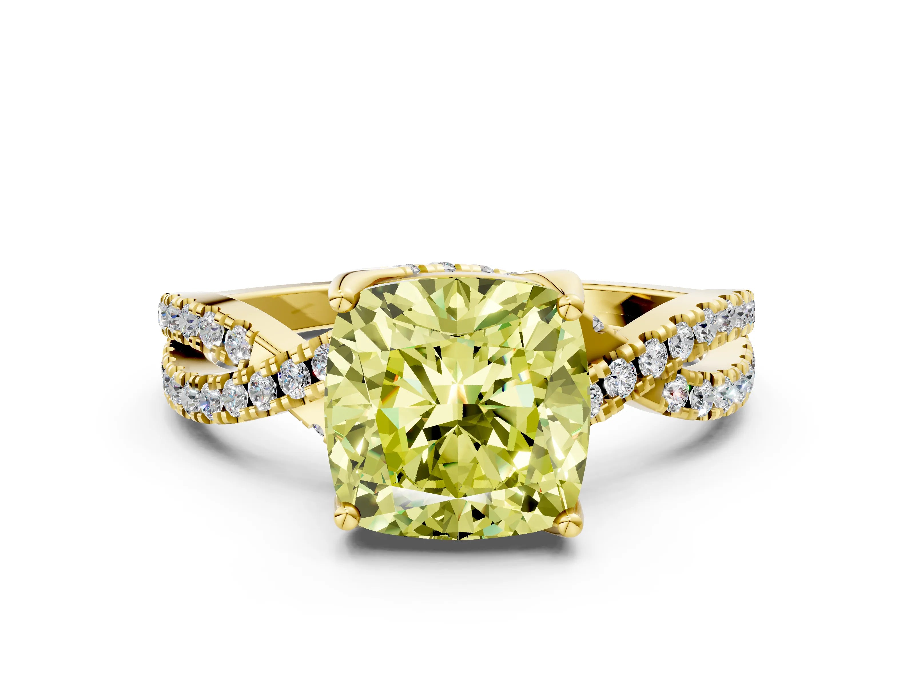 Yellow gold Fancy Yellow Cushion Cut Solitaire Twist Pave Diamond Engagement Ring with Prong Setting