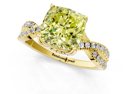 Yellow gold Fancy Yellow Cushion Cut Solitaire Twist Pave Diamond Engagement Ring with Prong Setting_1