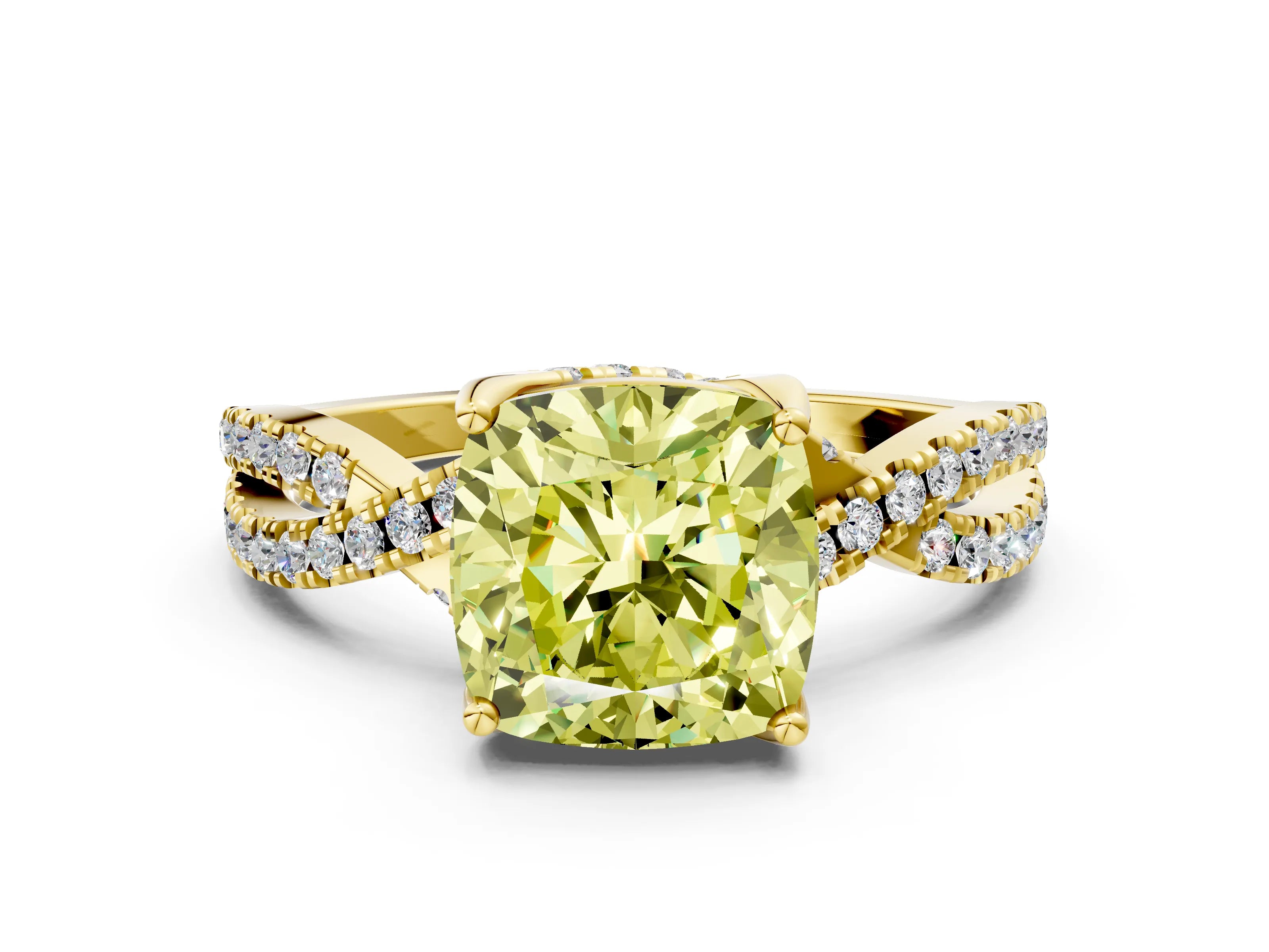 Yellow gold Fancy Yellow Cushion Cut Solitaire Twist Pave Diamond Engagement Ring with Prong Setting_24