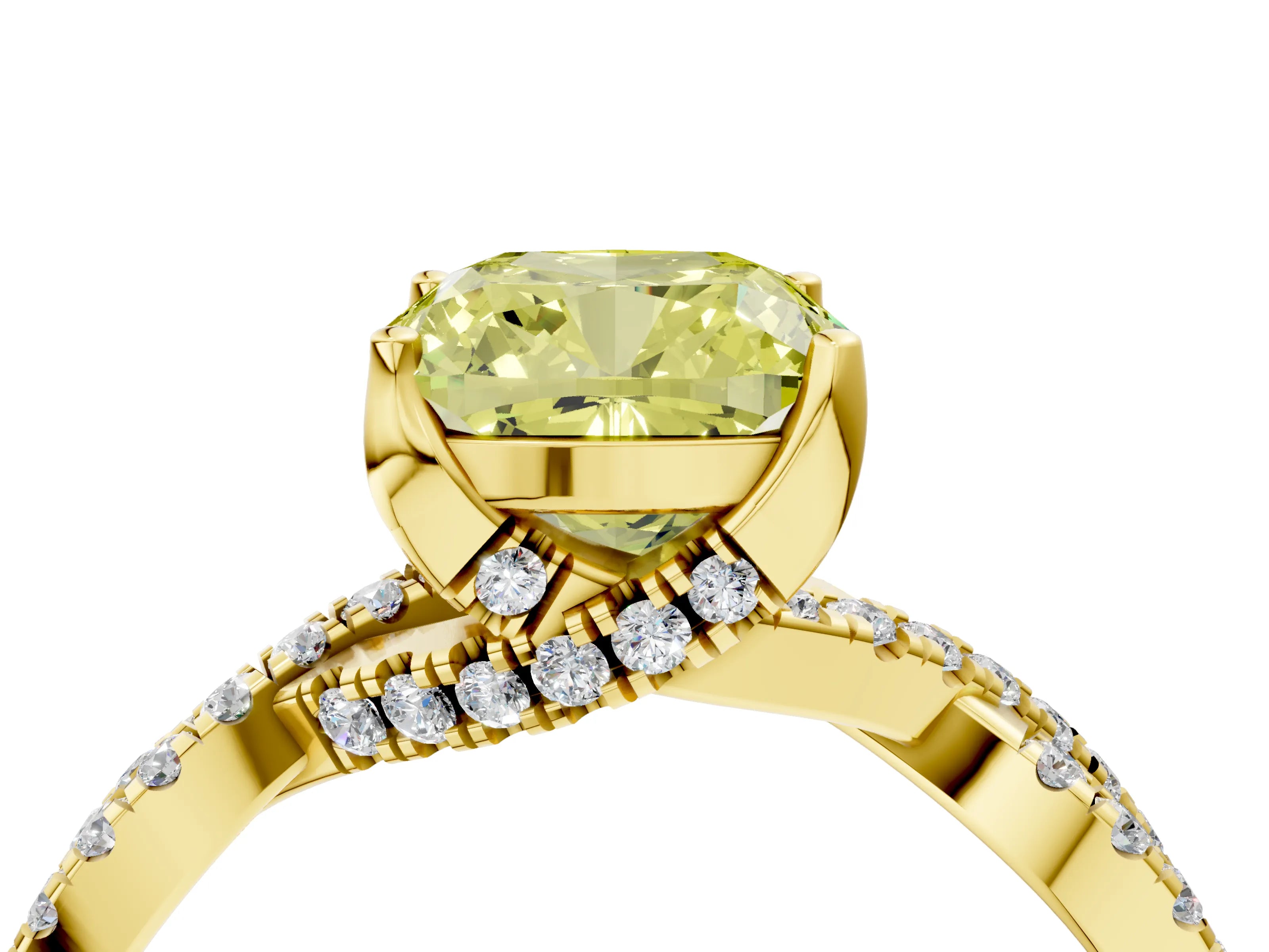 Yellow gold Fancy Yellow Cushion Cut Solitaire Twist Pave Diamond Engagement Ring with Prong Setting_4