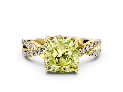 Yellow gold Fancy Yellow Cushion Cut Solitaire Twist Pave Diamond Engagement Ring with Prong Setting