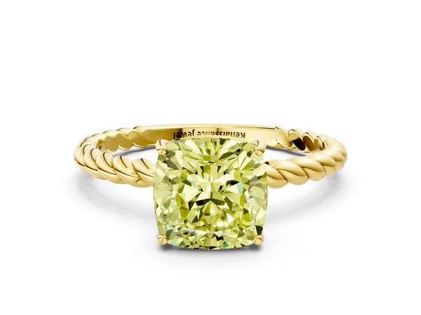 Yellow gold Fancy Yellow Cushion Cut Solitaire Twisted Band 4-Prong Ring