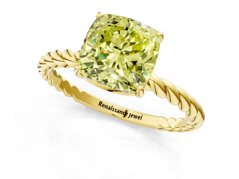 Yellow gold Fancy Yellow Cushion Cut Solitaire Twisted Band 4-Prong Ring_1
