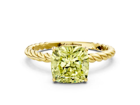 Yellow gold Fancy Yellow Cushion Cut Solitaire Twisted Band 4-Prong Ring