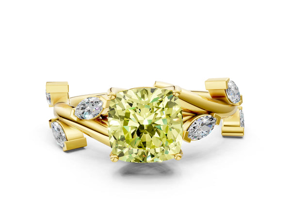 Yellow gold Fancy Yellow Cushion Cut Solitaire Twisted Band Marquise Accent Prong Setting Ring