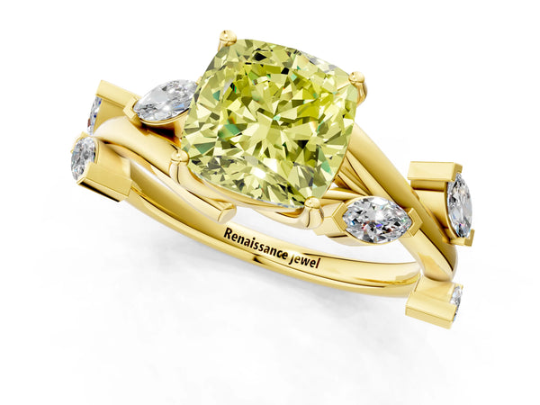 Yellow gold Fancy Yellow Cushion Cut Solitaire Twisted Band Marquise Accent Prong Setting Ring
