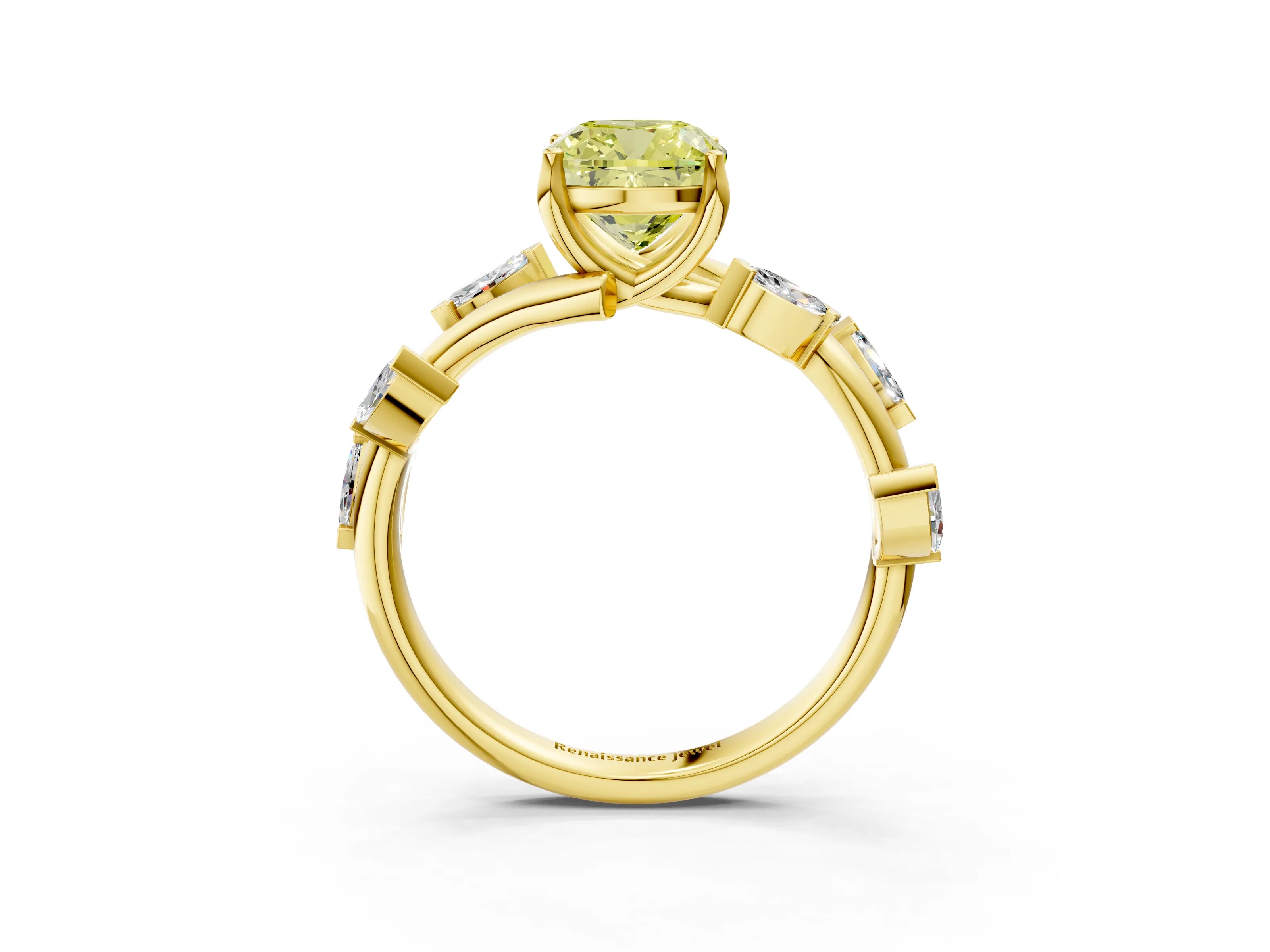 Yellow gold Fancy Yellow Cushion Cut Solitaire Twisted Band Marquise Accent Prong Setting Ring_3