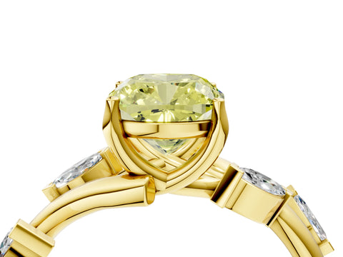 Yellow gold Fancy Yellow Cushion Cut Solitaire Twisted Band Marquise Accent Prong Setting Ring_4