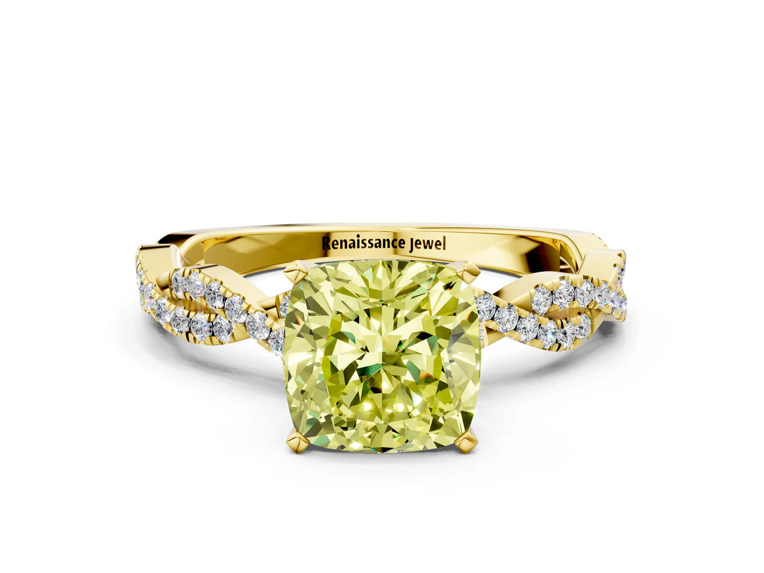 Yellow gold Fancy Yellow Cushion Cut Solitaire Twisted Pave Band with Four-Prong Setting_3