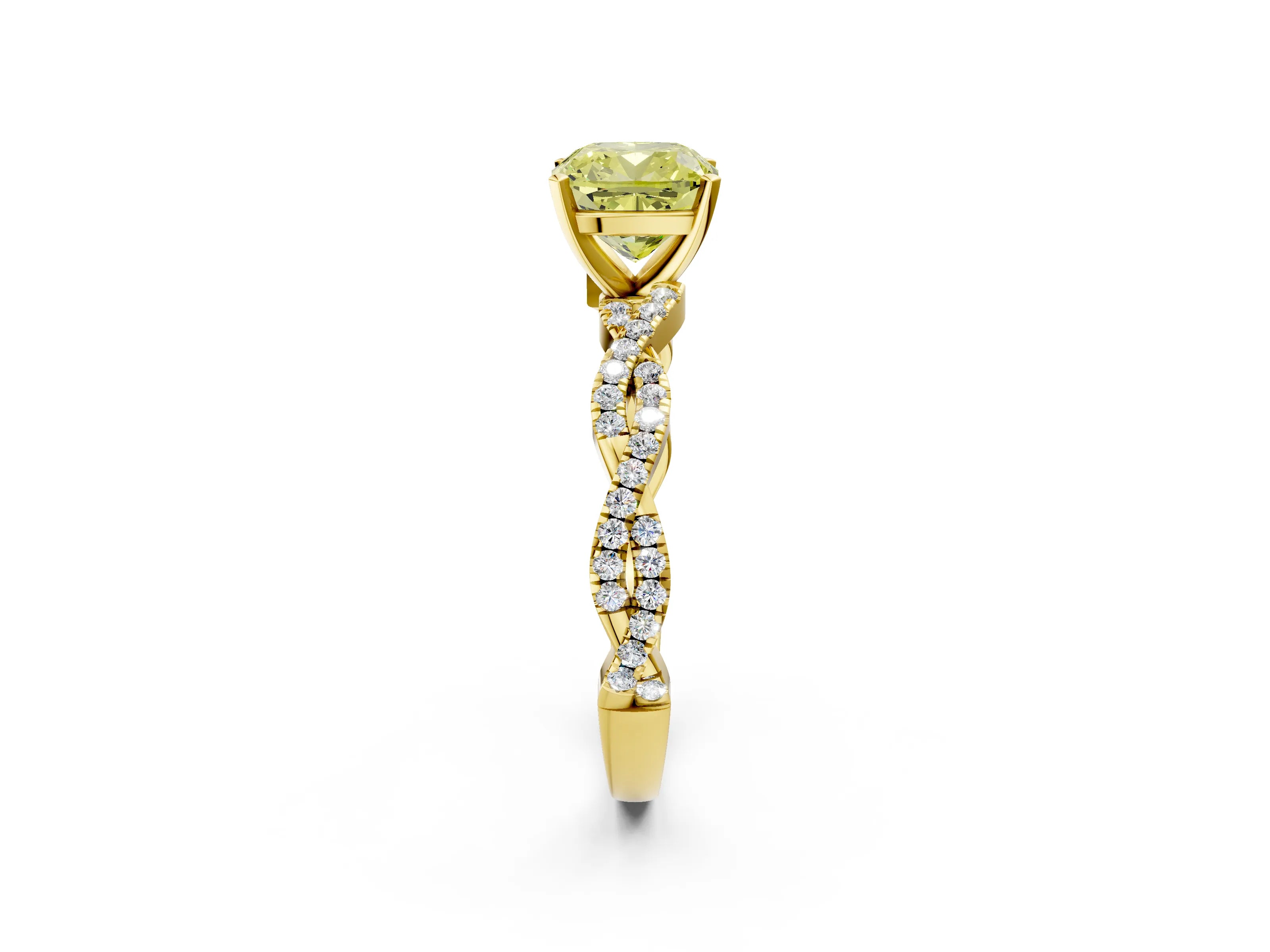 Yellow gold Fancy Yellow Cushion Cut Solitaire Twisted Pave Band with Four-Prong Setting_5