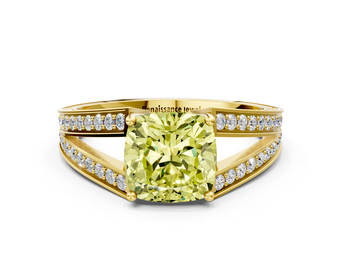 Yellow gold Fancy Yellow Cushion  Cut Split Shank Pave Diamond Ring with Four-Prong Setting_58