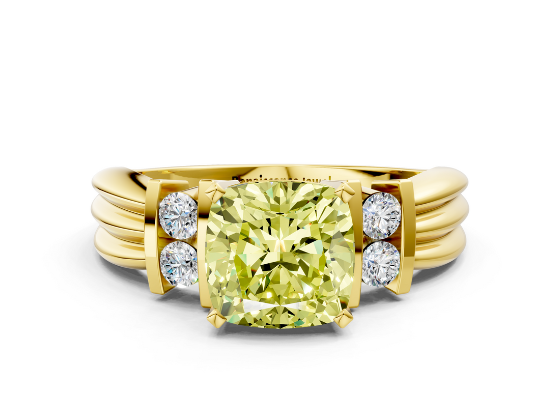 Yellow gold Fancy Yellow Cushion  Cut Three-Stone Channel Set Ring with Bar Prongs_28