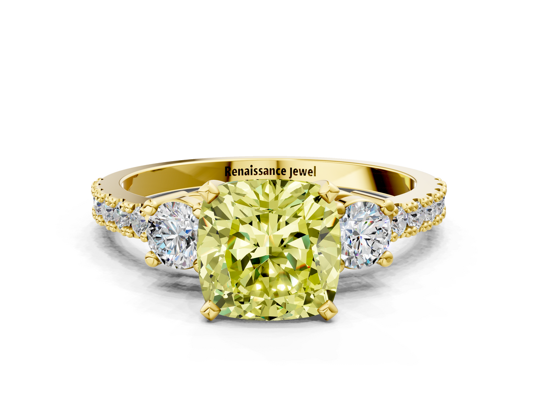 Yellow gold Fancy Yellow Cushion  Cut Three-Stone Diamond Pavé Band with Prong Setting_17