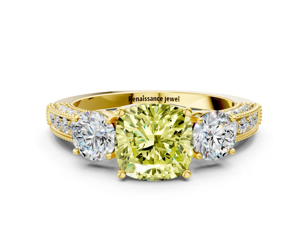 Yellow gold Fancy Yellow Cushion Cut Three-Stone Diamond Ring with Pavé Band and Four-Prong Setting