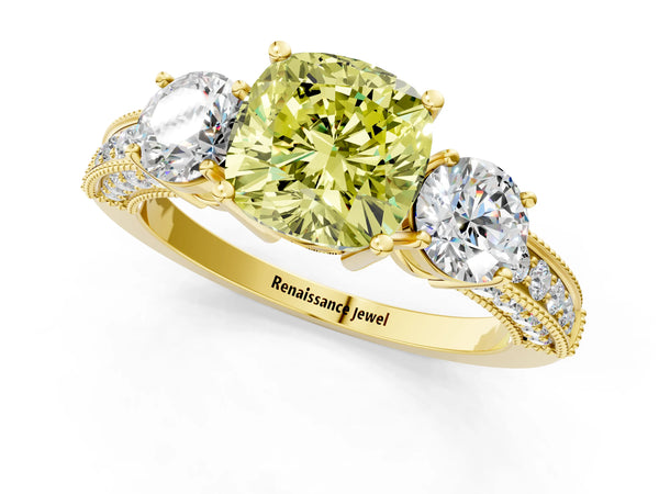 Yellow gold Fancy Yellow Cushion Cut Three-Stone Diamond Ring with Pavé Band and Four-Prong Setting
