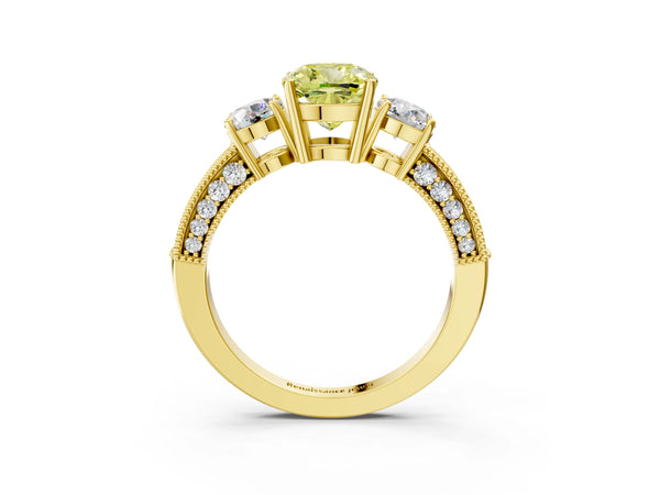 Yellow gold Fancy Yellow Cushion Cut Three-Stone Diamond Ring with Pavé Band and Four-Prong Setting