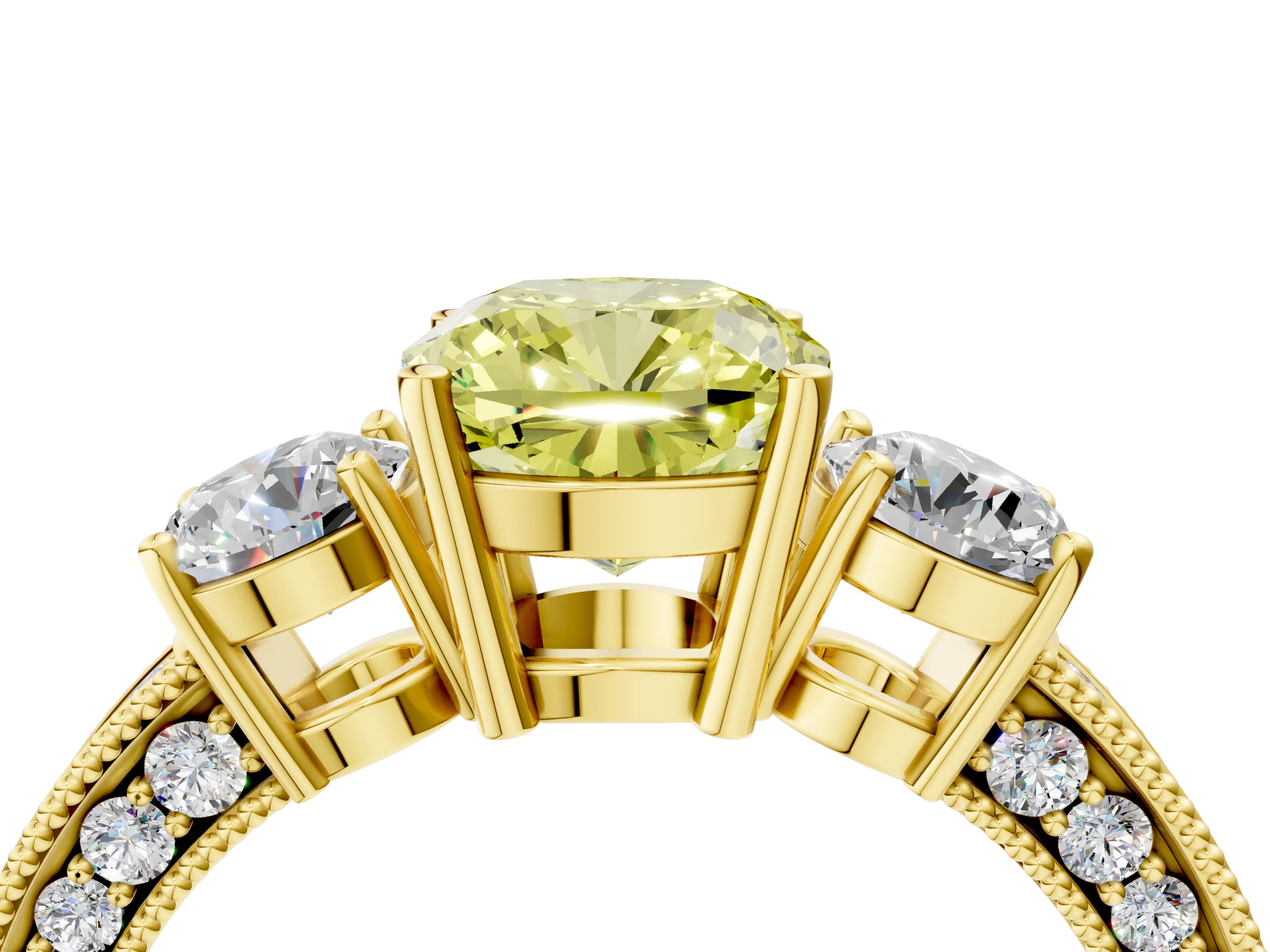 Yellow gold Fancy Yellow Cushion Cut Three-Stone Diamond Ring with Pavé Band and Four-Prong Setting_4