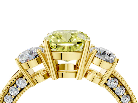 Yellow gold Fancy Yellow Cushion Cut Three-Stone Diamond Ring with Pavé Band and Four-Prong Setting_4